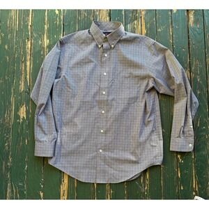 Roundtree & Yorke TravelSmart Mens Medium Blue Tan Micro Check Button Down Shirt